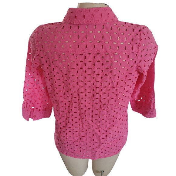 D&Co Pink Eyelet Button-Up Shirt Womens S 100% Cotton 3/4 Sleeve Collared Top - Picture 4 of 6